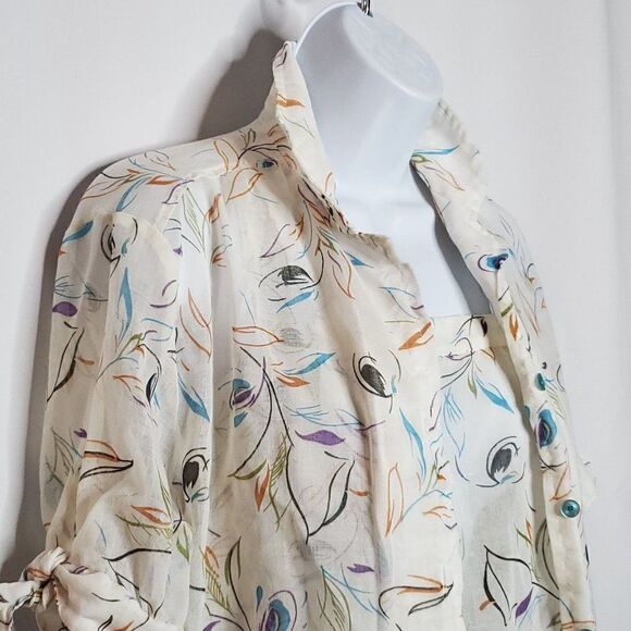 Vintage 2 Pc Tank Top Button Up Short Sleeve Blouse M Sheer Beige Leaves Floral - Picture 3 of 8